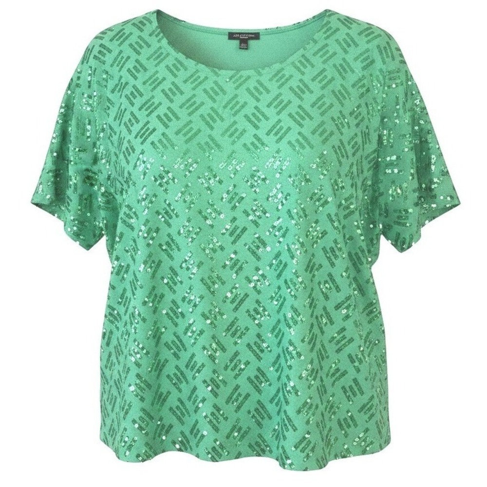 Notations Woman Green Sequined Short Sleeve Blouse Top 2X WZPU0195